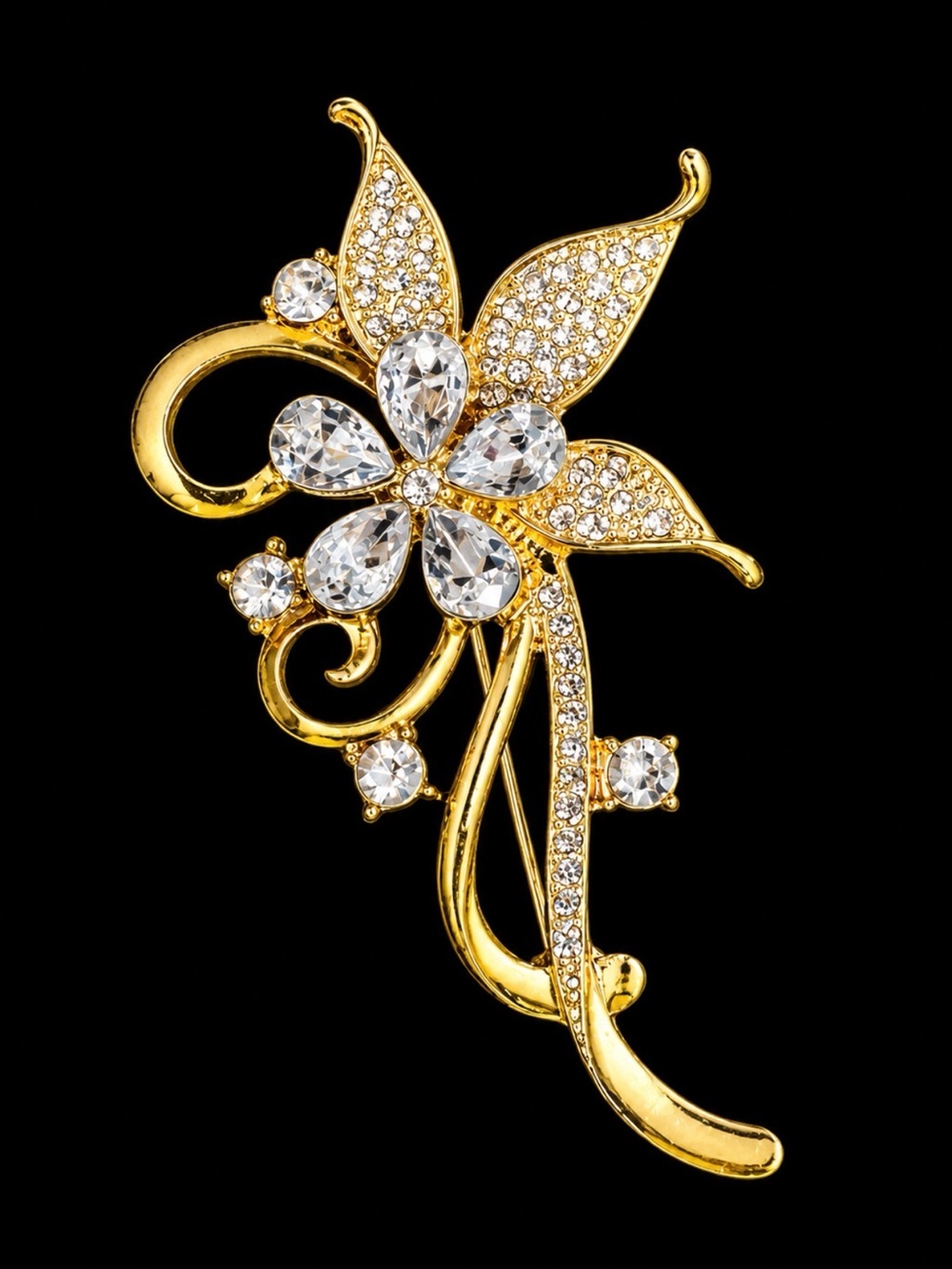 Gold Floral Crystal Brooch - Elegant Women Jewelry